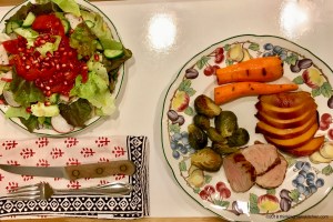 Grilled pork and peaches with sides and salad